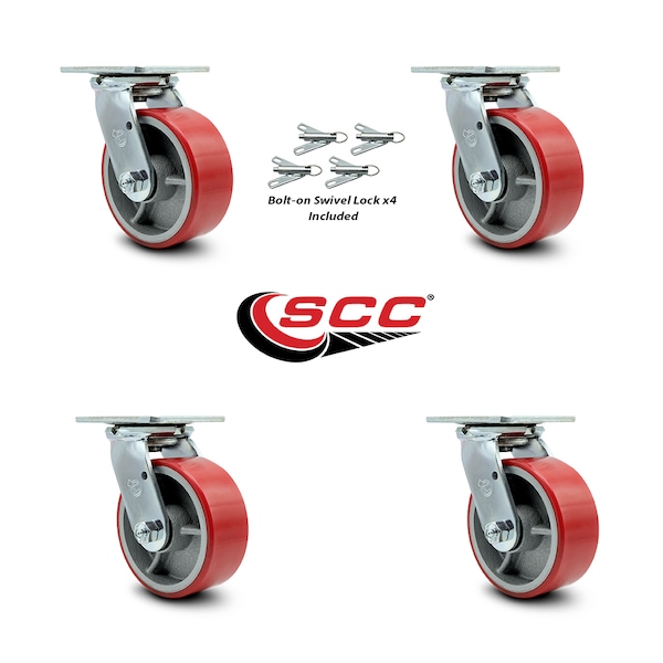 5 Inch Red Poly on Cast Iron Caster Set with Ball Bearing and Swivel Lock SCC